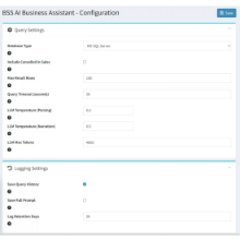 BSS AI Business Assistant settings for LLM temperature, max tokens, and query logging in nopCommerce analytics