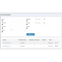 Centralized BSS Cart Reminder dashboard in nopCommerce showing a searchable list of abandoned carts with real-time status tracking