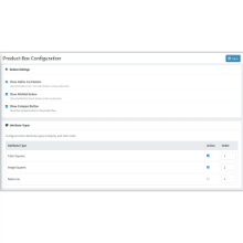 BSS Product Box admin dashboard for toggling action buttons like Add to Cart or Wishlist and defining active product attribute types