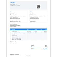 Professional branded sample invoice displaying order status, customer addresses, and detailed product pricing