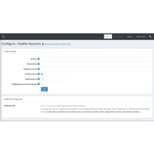 BSS Paddle Payment configuration dashboard with settings for API credentials, sandbox testing, and automated webhook synchronization