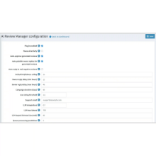 BSS AI Review Manager configuration interface for nopCommerce featuring automated settings for review approval, customizable owner reply delays, and granular LLM parameters