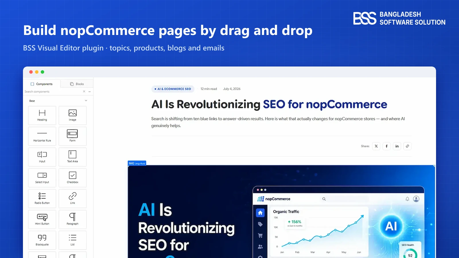 BSS Visual Editor open in the nopCommerce admin: the component library on the left, with Heading, Image, Form, Input, Checkbox and Link blocks, beside a blog post being edited on the canvas