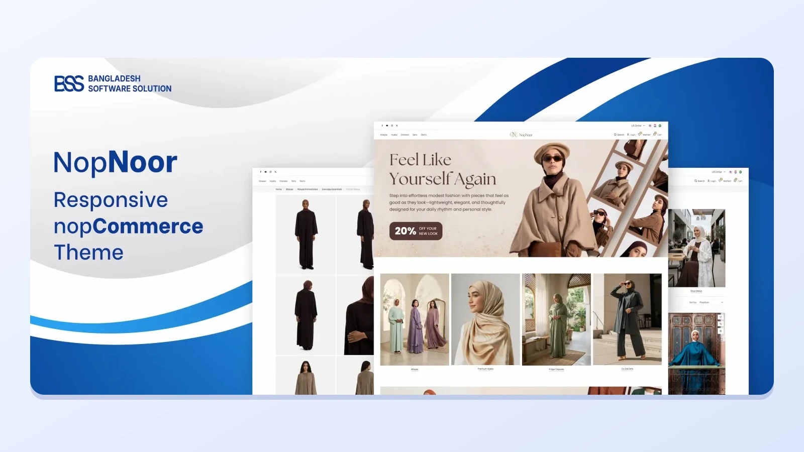 NopNoor responsive nopCommerce theme: a fashion home page with a hero banner and a row of product images