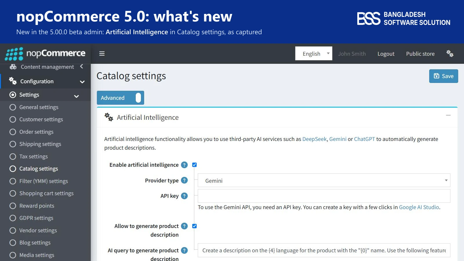 Unedited screenshot of the Catalog settings page in a nopCommerce 5.00.0 beta admin: the nopCommerce sidebar and the new Artificial Intelligence panel with Enable artificial intelligence ticked, Provider type Gemini, an API key field and Allow to generate product description, under the headline nopCommerce 5.0: what's new