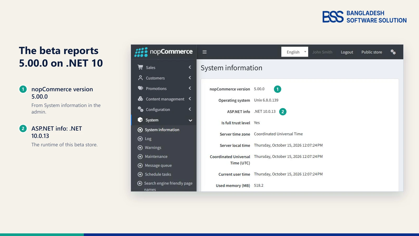 System information page of a nopCommerce 5.00.0 beta store showing nopCommerce version 5.00.0 and ASP.NET info .NET 10.0.13