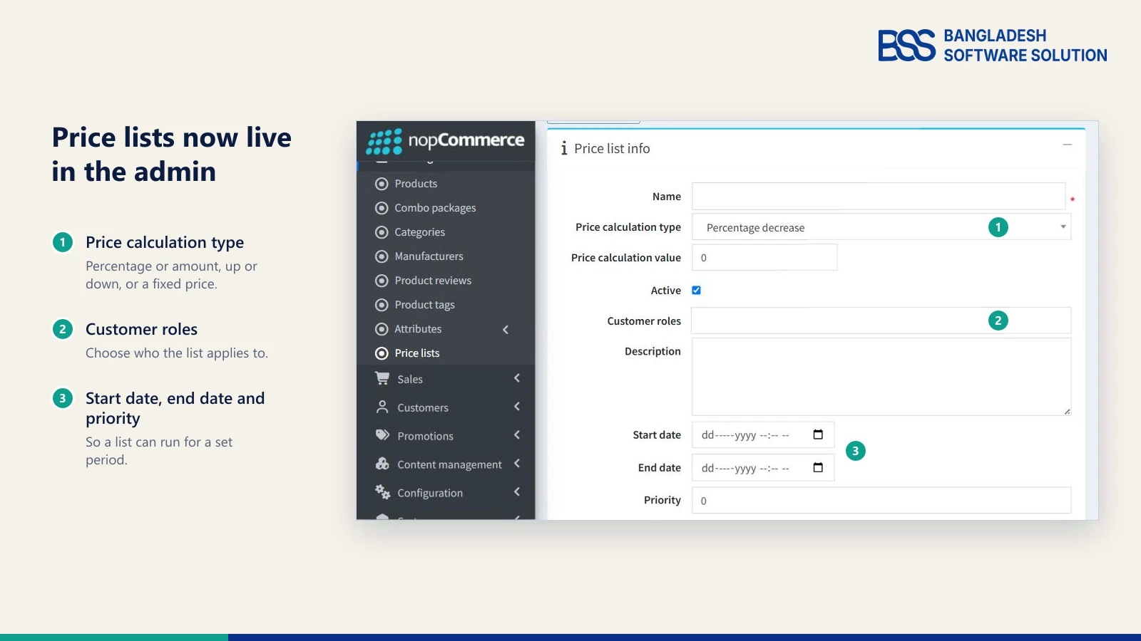 Add new price list form in the nopCommerce 5.00 admin with Name, Price calculation type set to Percentage decrease, Price calculation value, Customer roles, Start date, End date and Priority