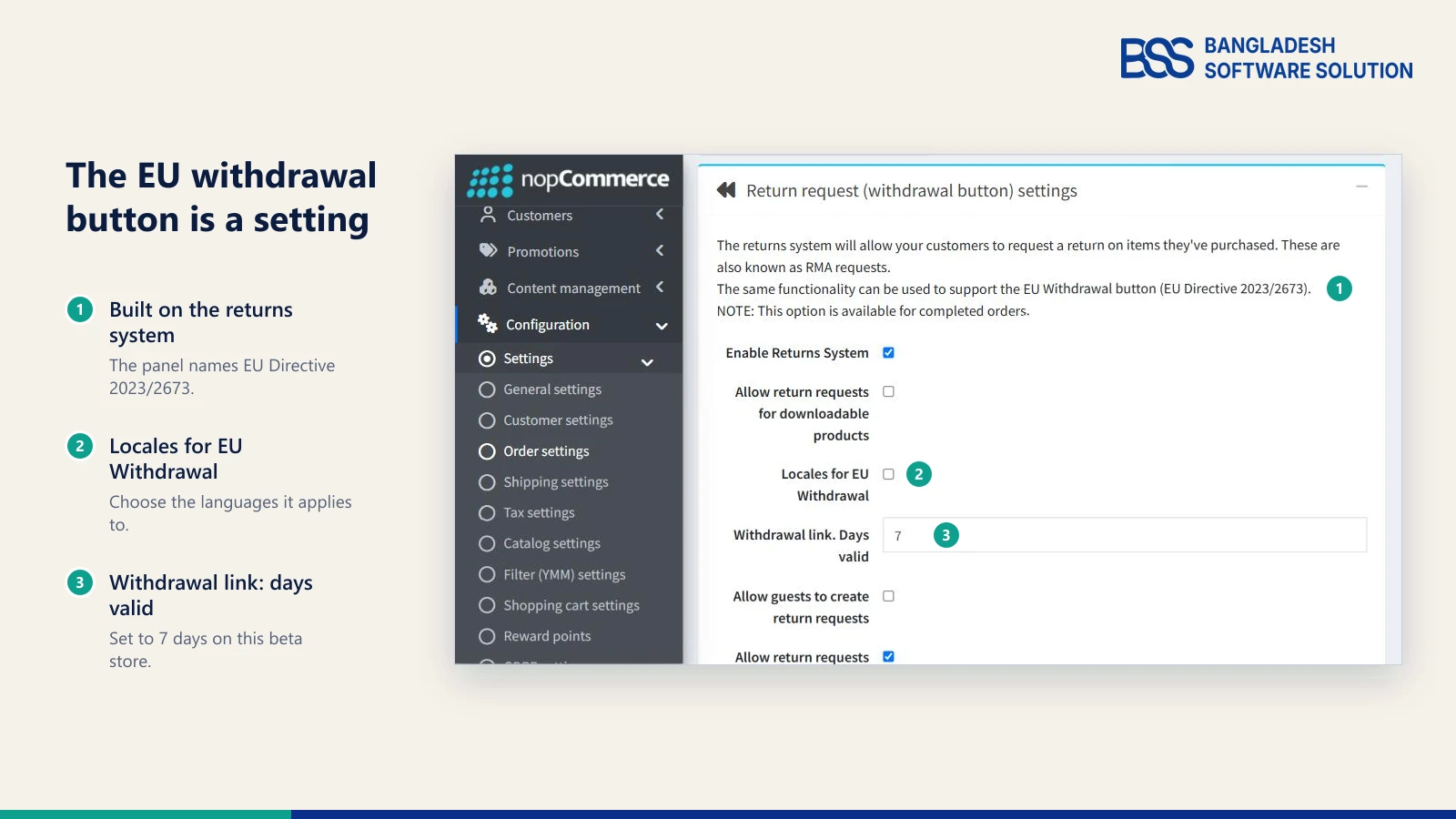 Return request (withdrawal button) settings in the nopCommerce 5.00 order settings, mentioning EU Directive 2023/2673, with Locales for EU Withdrawal and Withdrawal link days valid set to 7