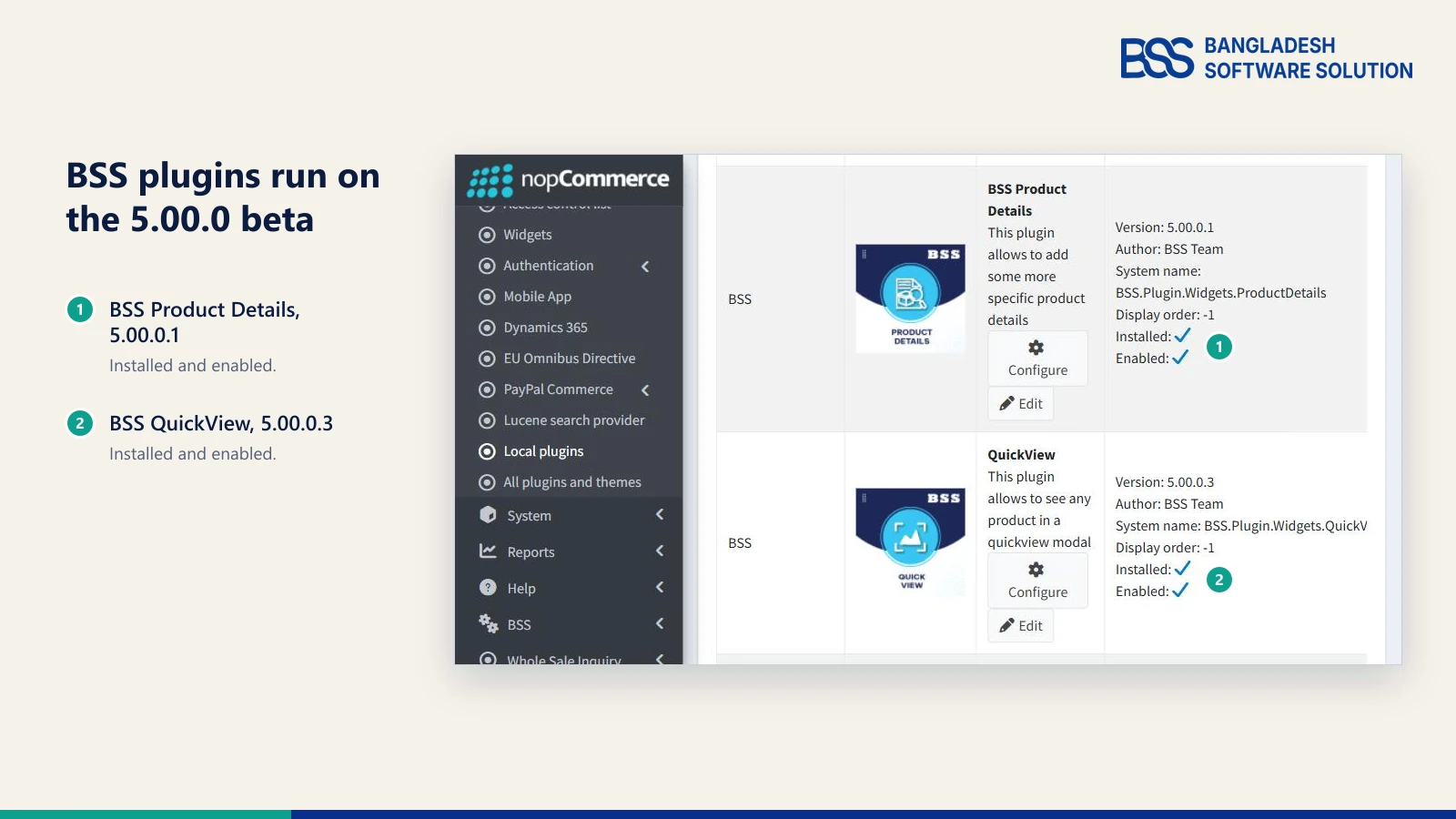 Local plugins list in a nopCommerce 5.00.0 beta store showing two BSS plugins, BSS Product Details 5.00.0.1 and QuickView 5.00.0.3, both installed and enabled