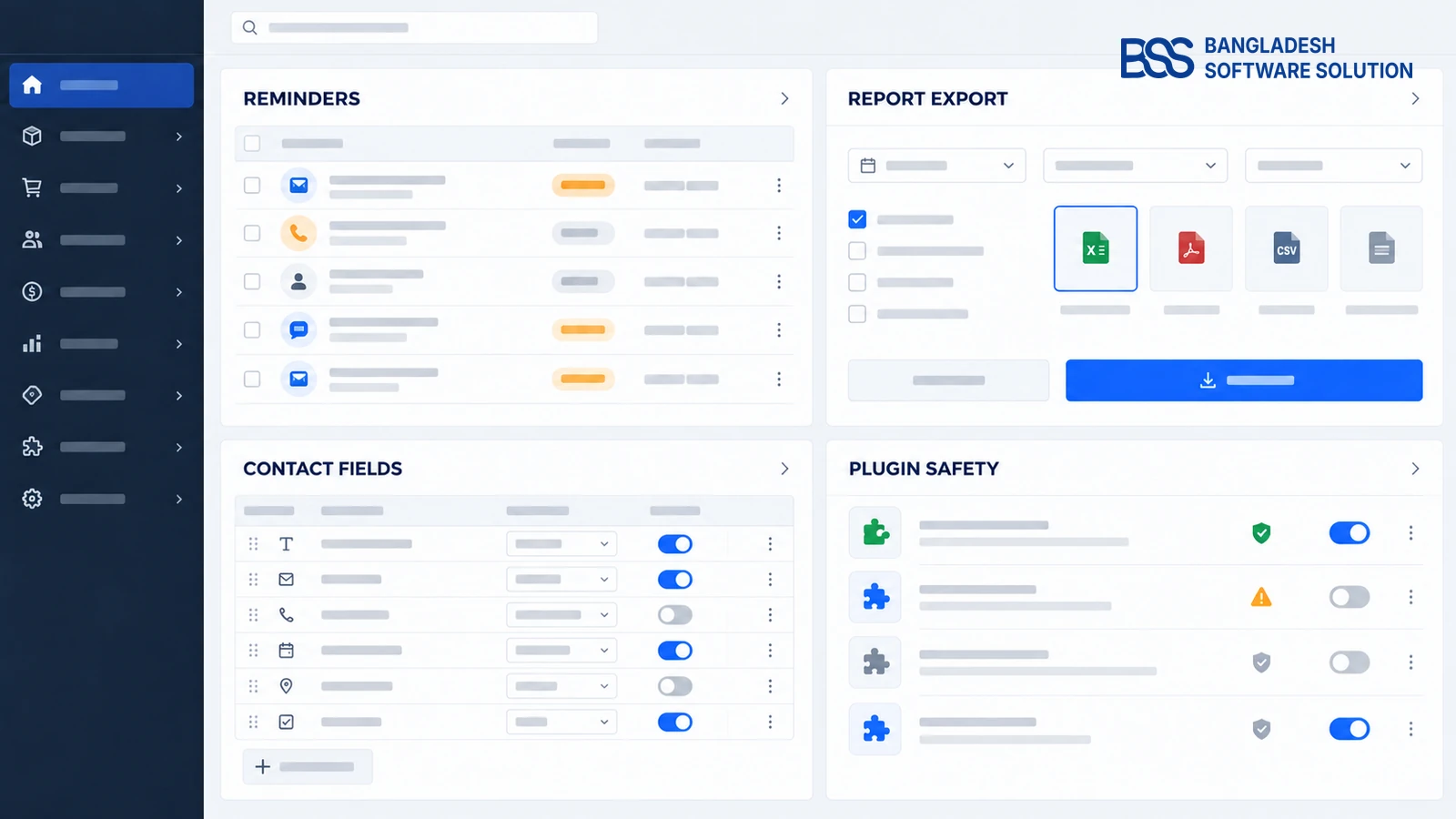Professional store-management dashboard with clear BSS logo area