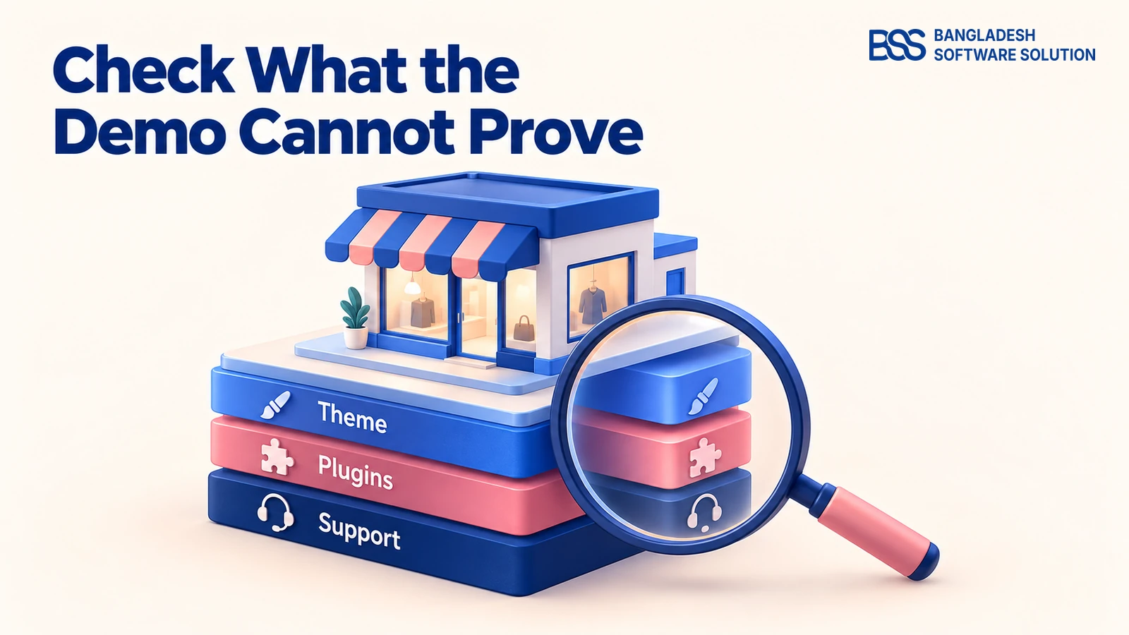 layered stack showing theme, plugins, support as evidence to inspect before buying an ecommerce theme