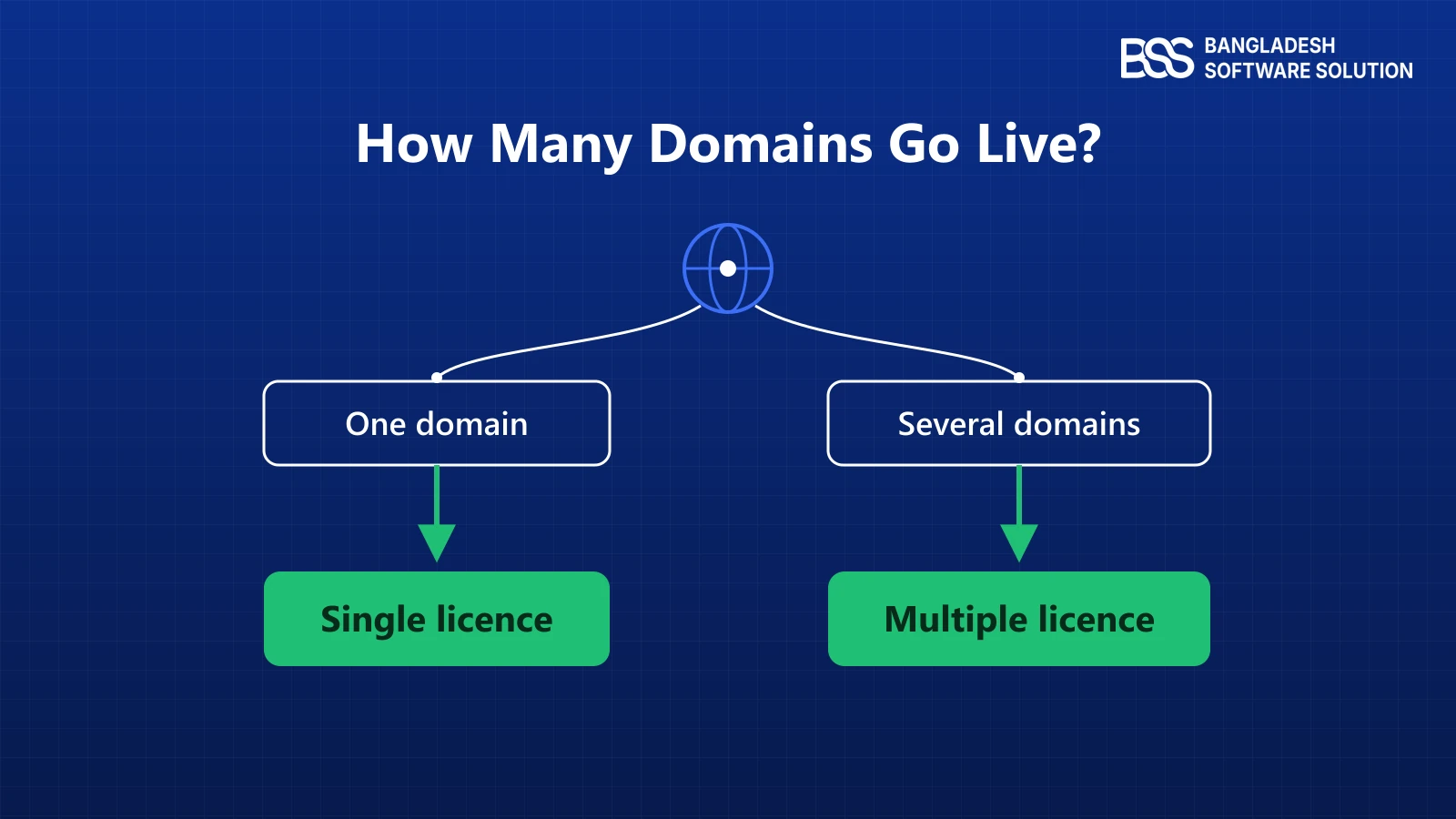 Decision tree that starts from how many domains go live and ends at a single or multiple domain theme licence