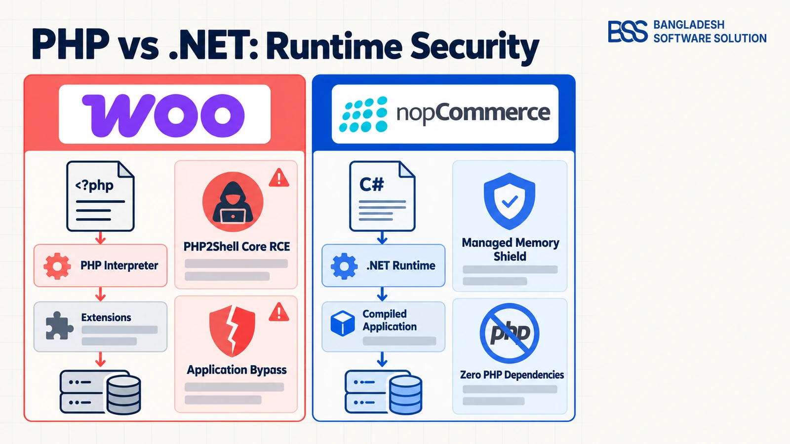 Comparison matrix contrasting PHP runtime vulnerabilities against .NET managed memory architecture in e-commerce platforms