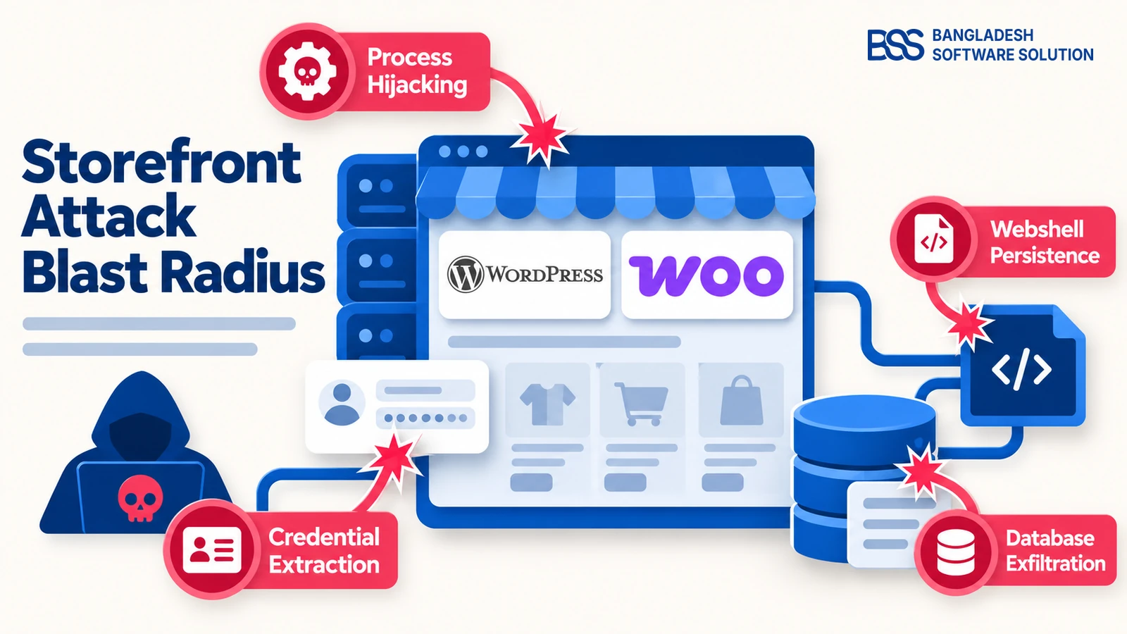 Annotated diagram showing the attack blast radius of PHP runtime vulnerabilities on an e-commerce platform