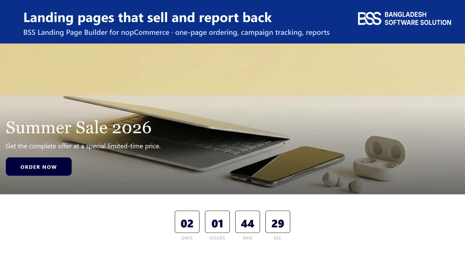 A BSS Landing Page Builder page on a nopCommerce storefront: a Summer Sale 2026 hero with an Order Now button above a countdown timer to the end of the offer