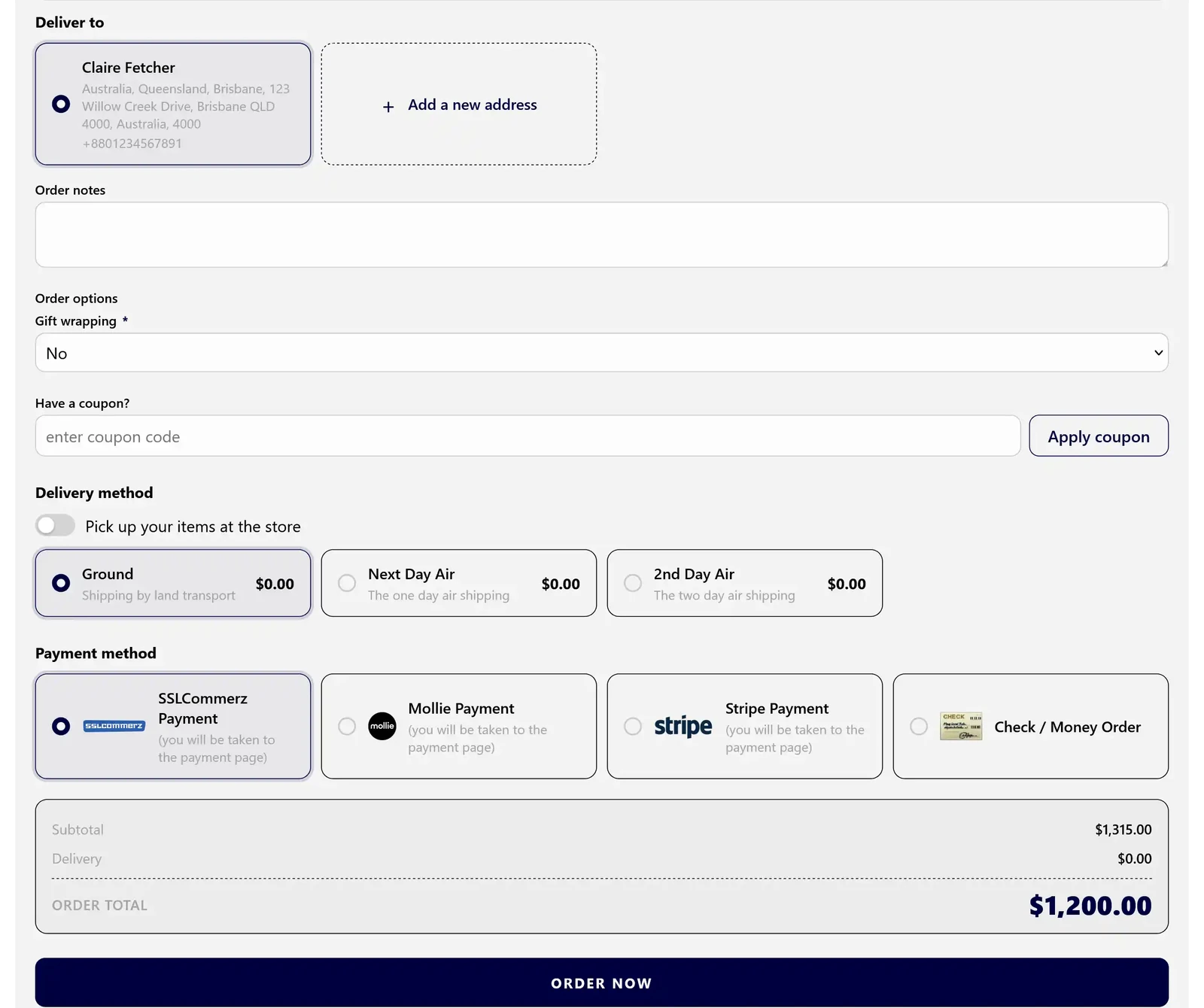 The order form on a BSS landing page: delivery address, order notes, a coupon field, delivery methods, and SSLCommerz, Mollie, Stripe and Check / Money Order payment choices on the same page