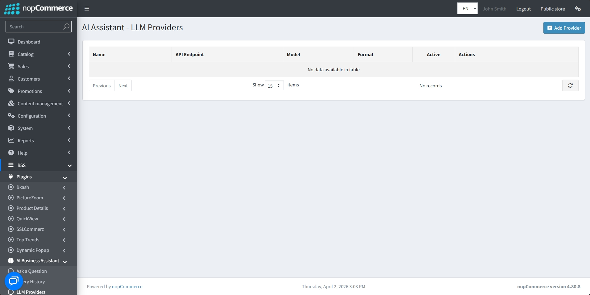 View the Name, API Endpoint, Model, Format and Active Status for every ...