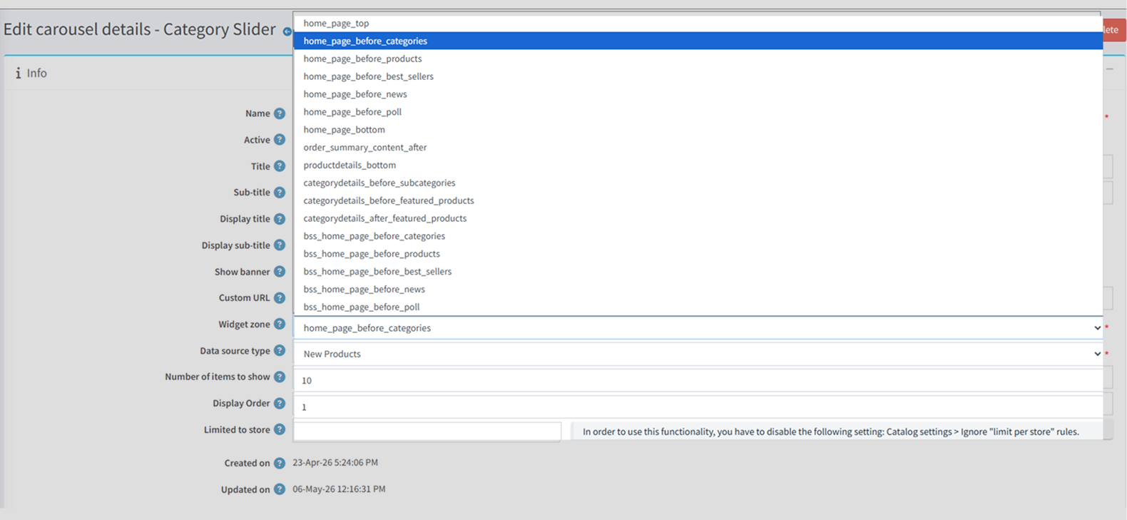 Widget Zone Selection admin view