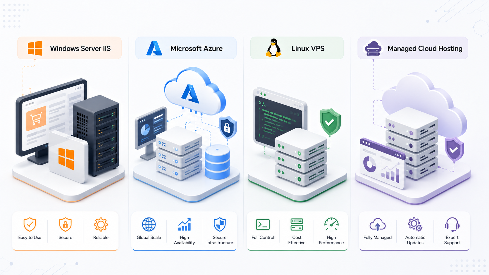 Comparison illustration of nopCommerce hosting options across IIS, Azure, Linux VPS and managed cloud hosting