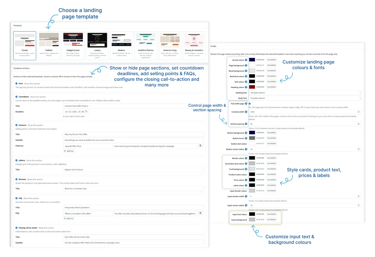 Landing Page Template Selection, Section Controls and Design Customization