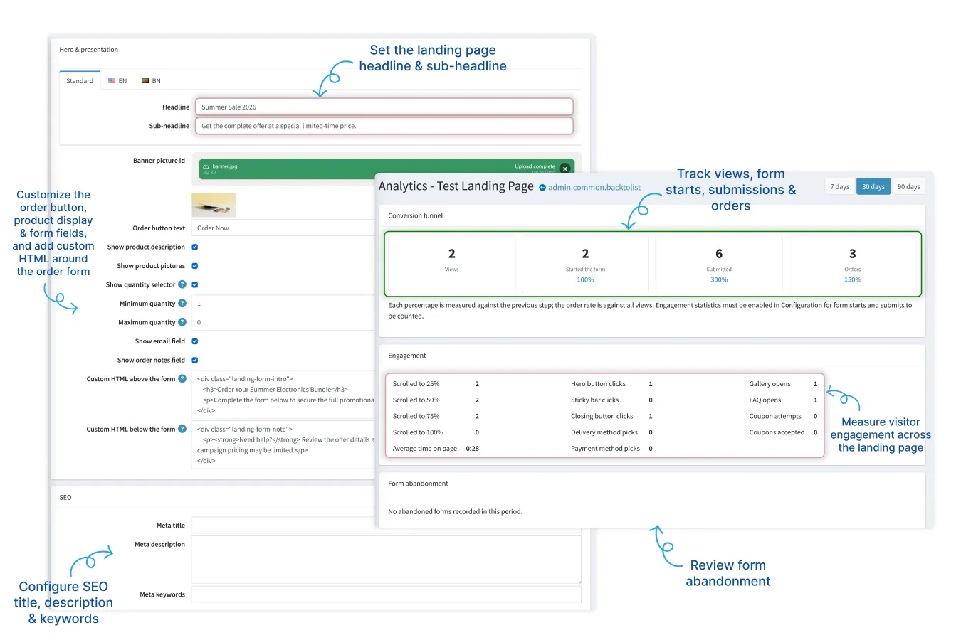 Landing Page Content, SEO and Analytics Configuration