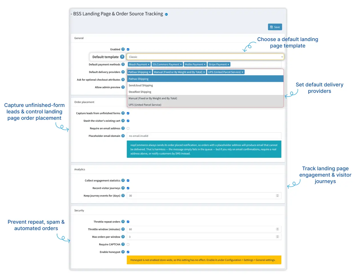 Landing Page Configuration, Lead Capture, Analytics and Order Protection