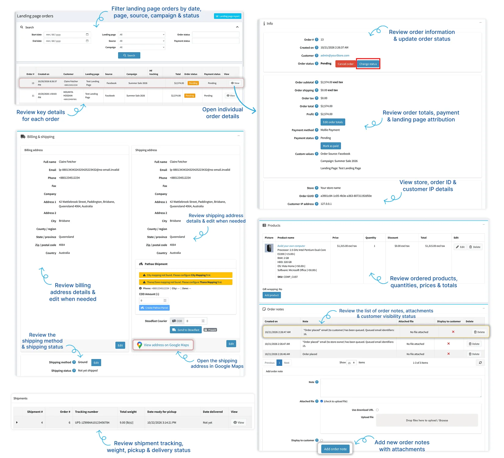 Landing Page Order Management, Shipping and Order Notes