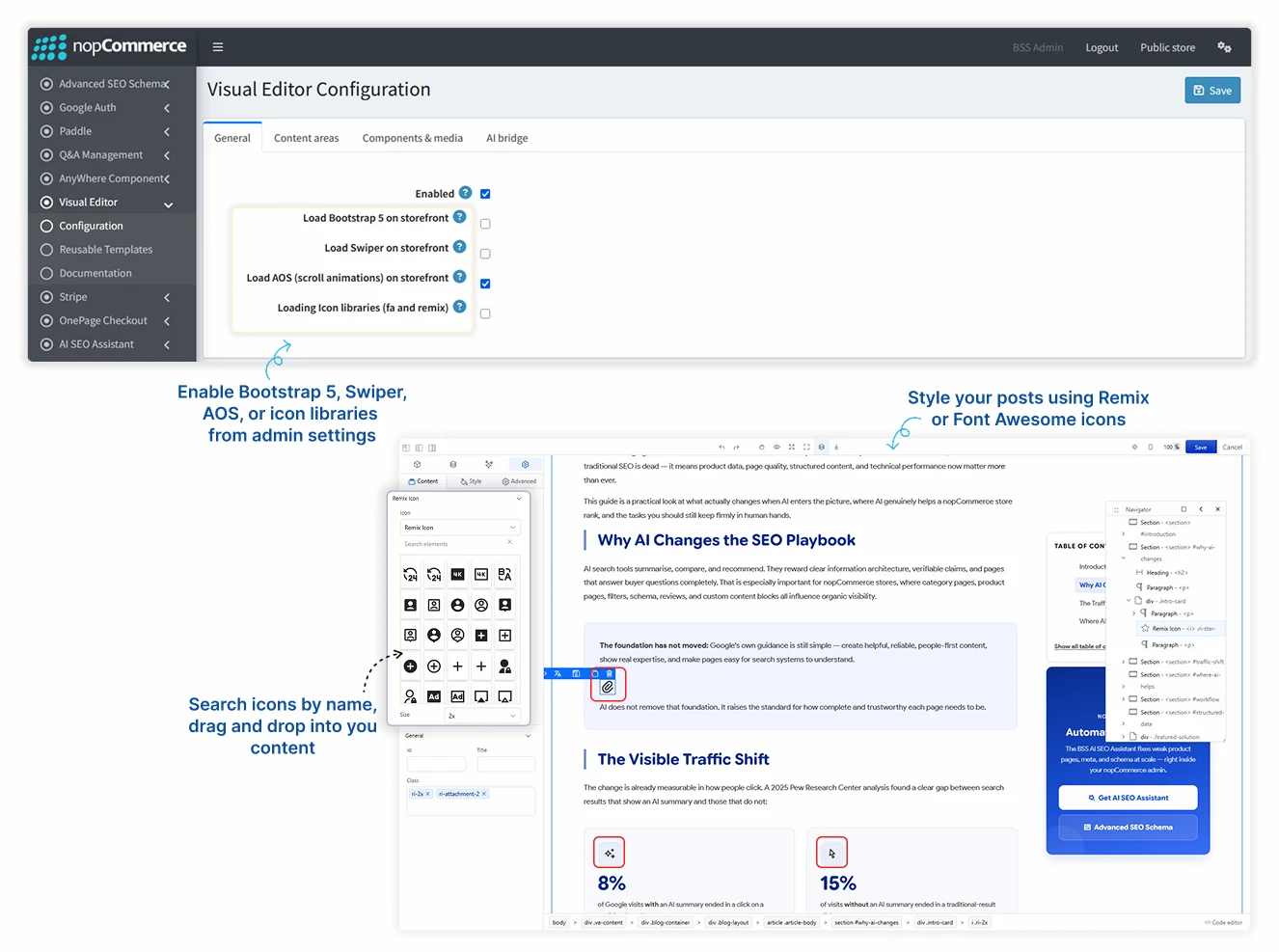 use remix, font awesome icon libraries, swiper and AOS