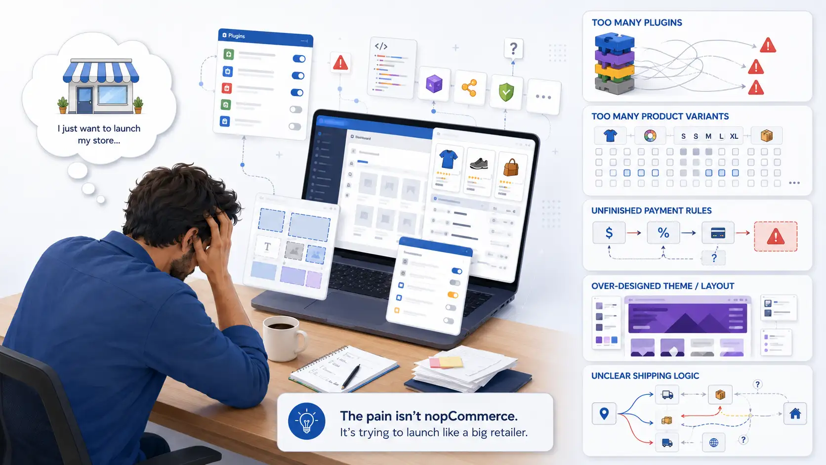 Small business ecommerce launch made complex by too many plugins and workflows
