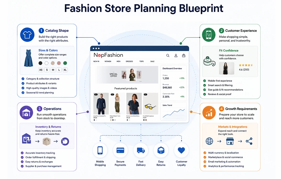 Fashion ecommerce planning blueprint connecting catalog, customer experience, operations and growth requirements