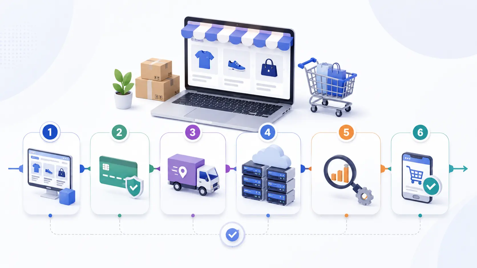 Checklist illustration for an easy nopCommerce store setup covering catalog, payments, shipping, hosting, SEO and testing