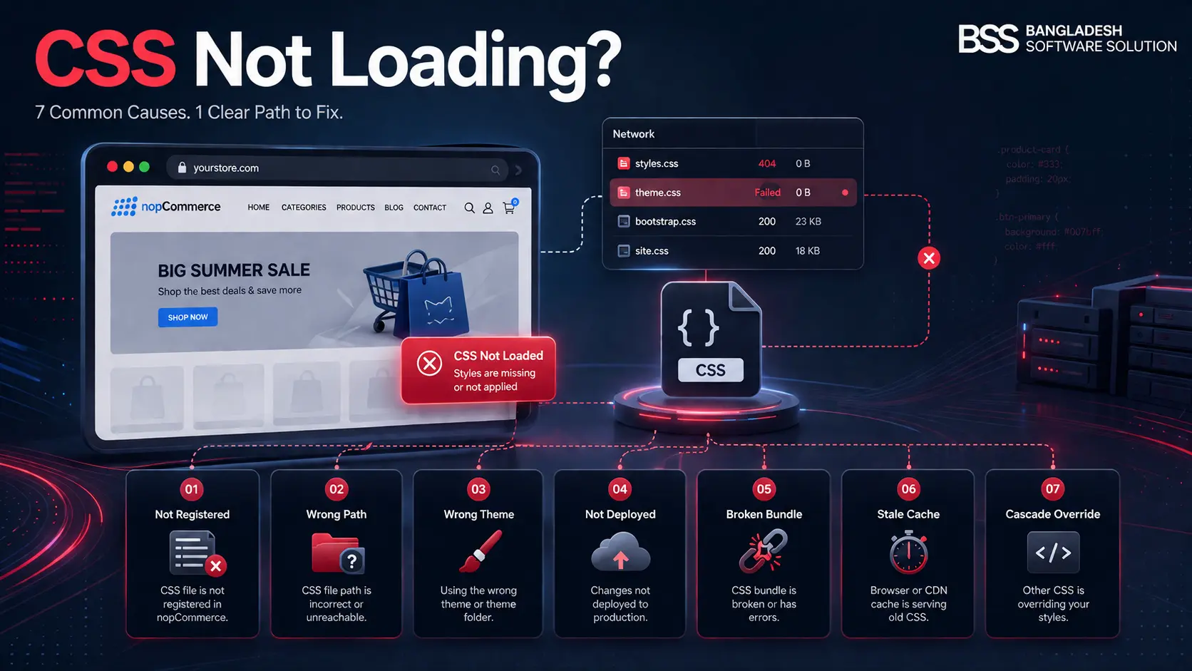 Diagnostic flow for seven common causes of CSS not loading in nopCommerce