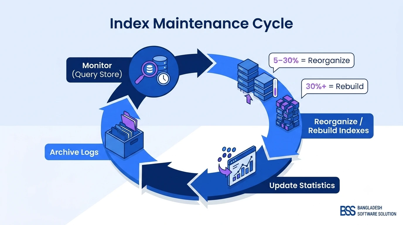 Infographic listing the root causes of nopCommerce database performance issues: missing indexes, outdated statistics, table bloat, and blocking