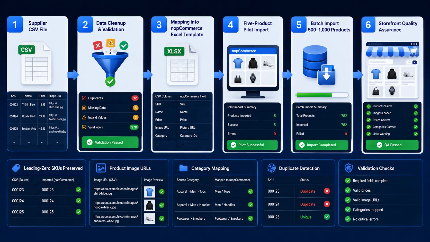Workflow for validating CSV data, mapping an Excel template, running a pilot import and checking nopCommerce products
