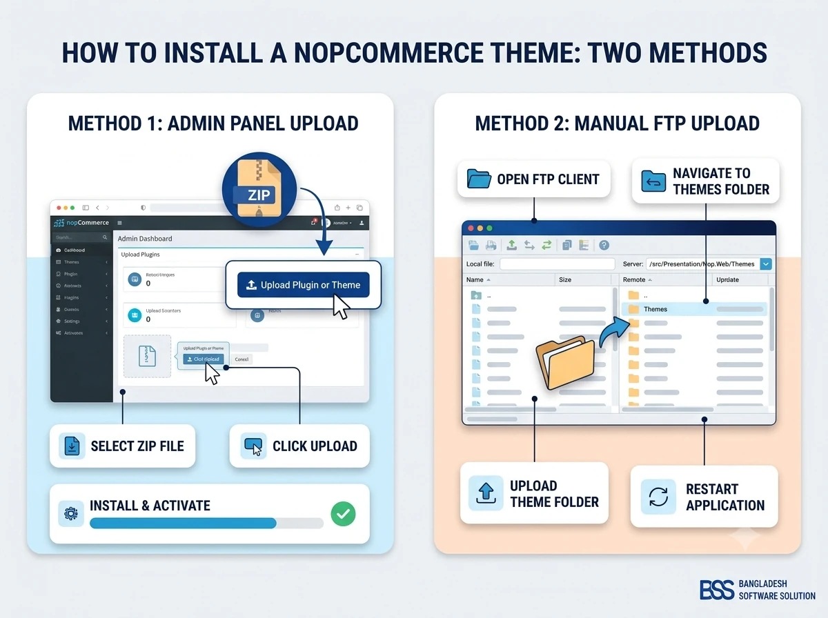 Diagram comparing the two nopCommerce theme installation methods: admin panel upload versus manual file copy to the Themes folder
