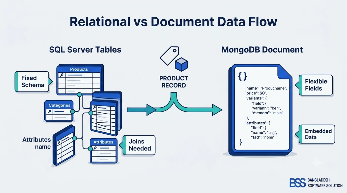 Diagram comparing nopCommerce's relational EF Core data layer with GrandNode's MongoDB document data layer