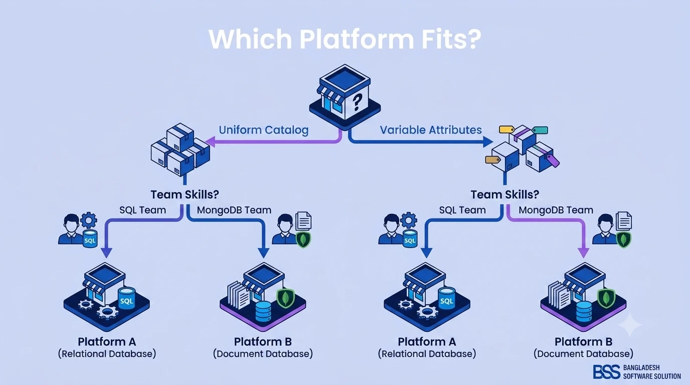 Decision guide infographic showing which store types fit nopCommerce versus GrandNode