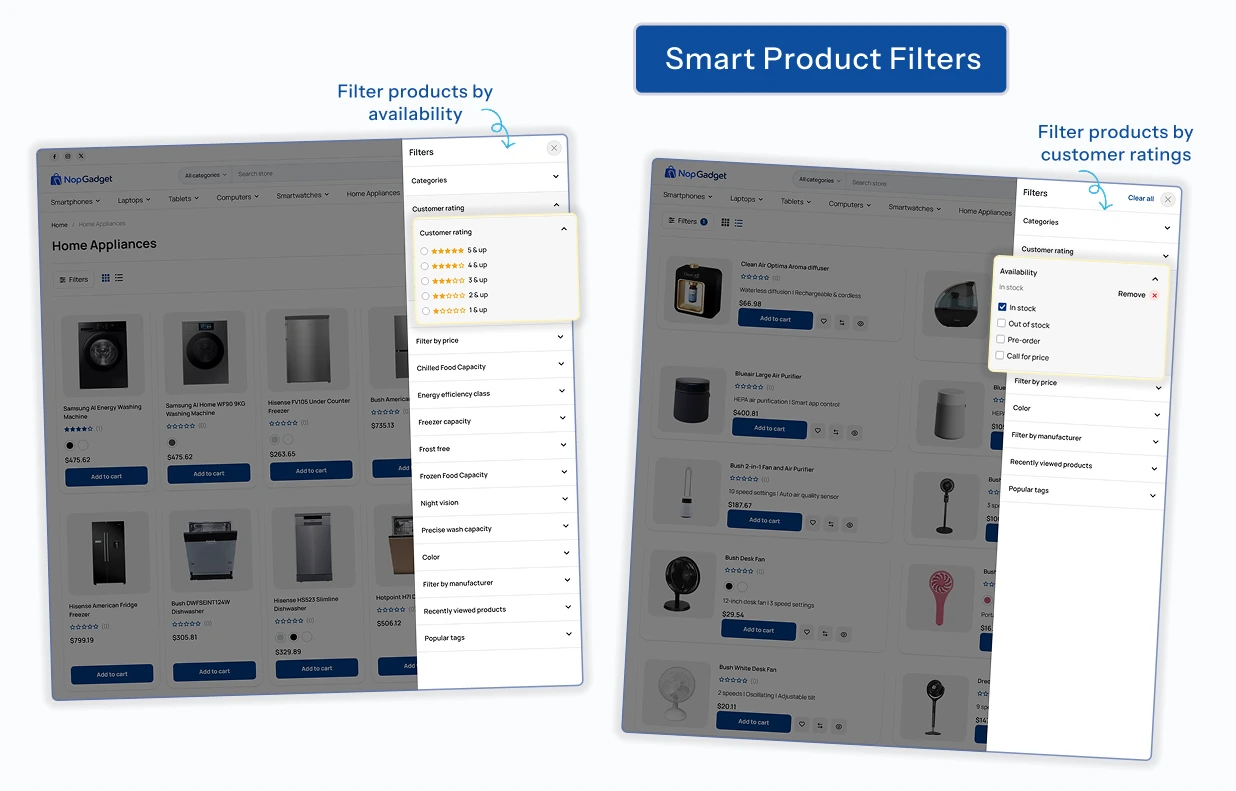 Advanced product filter by customer rating and product availability